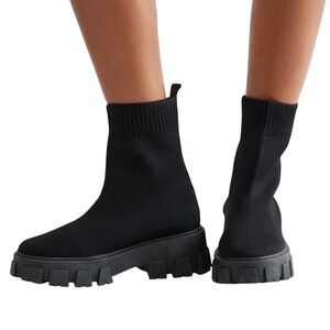 Chunky Black Knit Ankle Boots Size 9